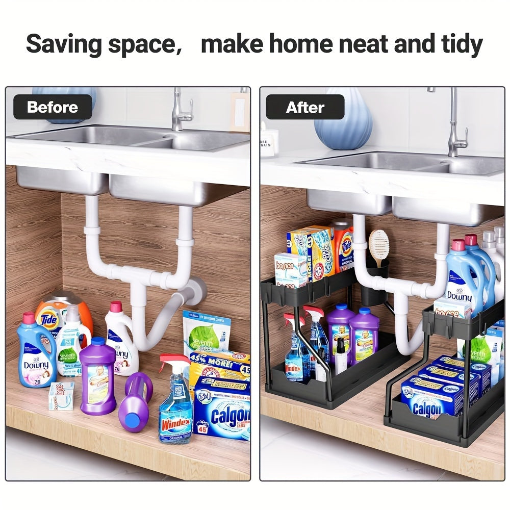 Introducing the Expandable Under Sink Organizer - a 2 Tier Pull-Out Storage Rack with Hooks and Hanging Cup. This multifunctional shelving unit is adjustable and perfect for the kitchen and bathroom. Say goodbye to clutter and hello to organized living