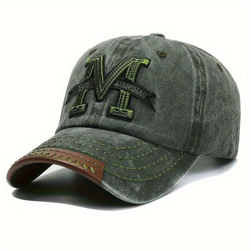 Vintage washed cotton baseball cap with embroidered letter "M". Adjustable snapback, lightweight sun hat for men and women. Black with brown band.