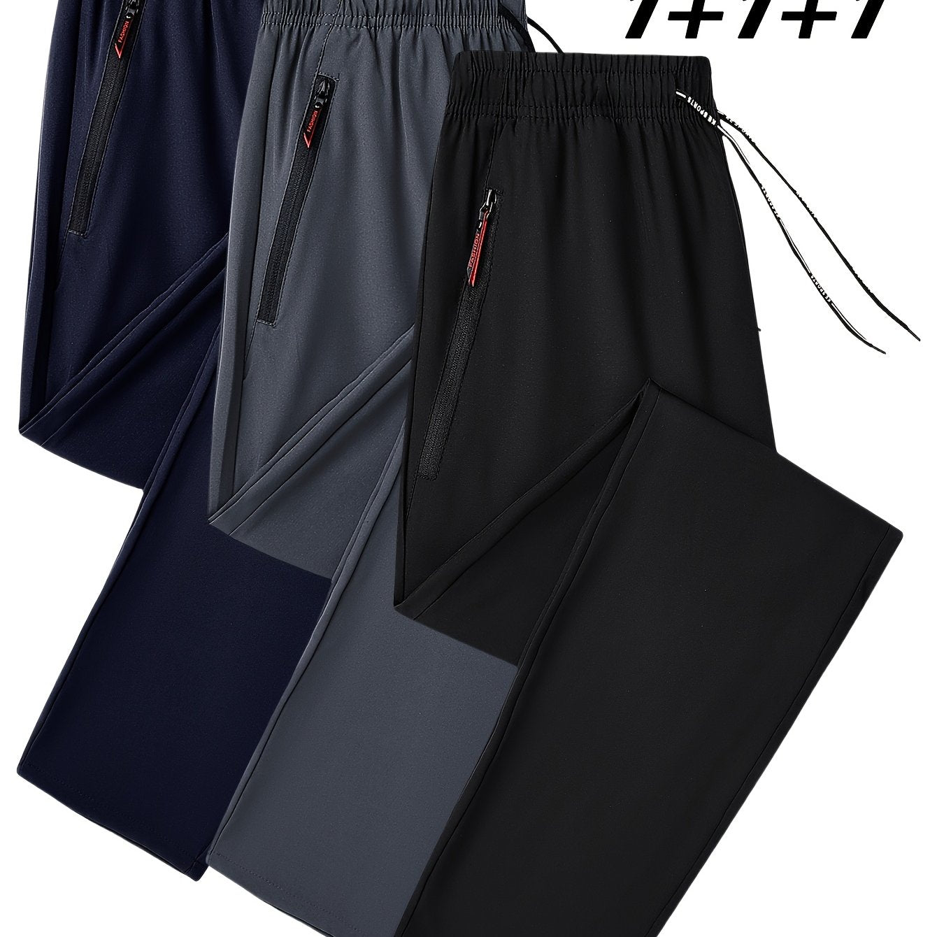 Men's casual joggers with breathable polyester fabric and zipper pockets in navy blue, gray, and black. Features an elastic waistband for fitness and running.