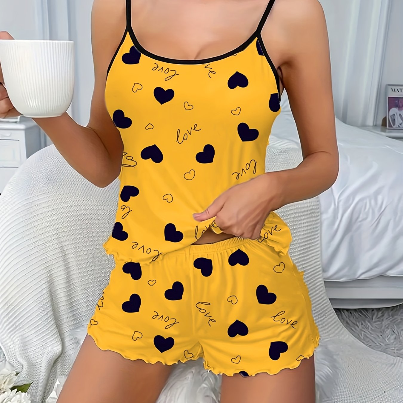 Women's Sleepwear Set with Heart Print, Frill Trim. Includes Backless Cami Top and Elastic Shorts.