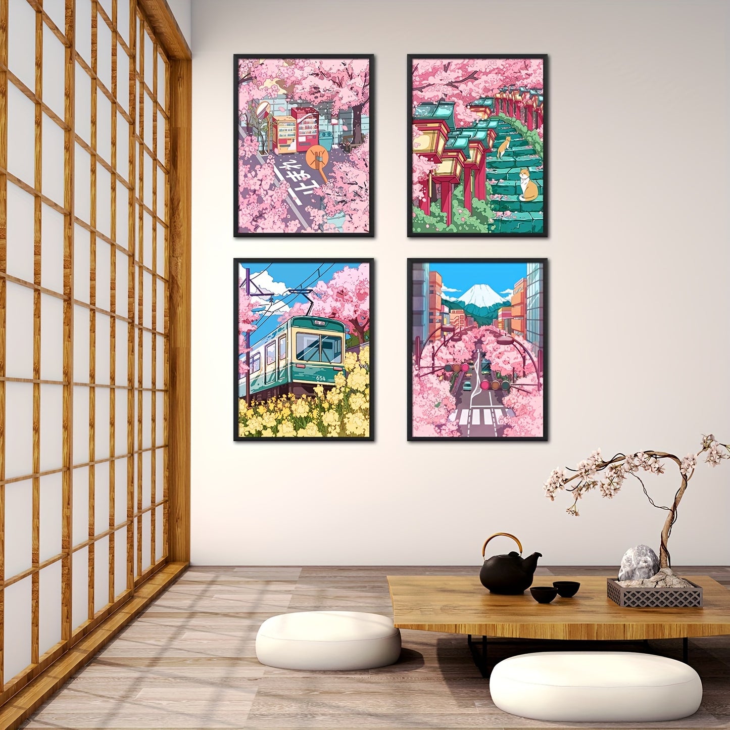 4 Japanese Sakura Anime Wall Art pieces for Preppy Room Decor, perfect for Sakura lovers.