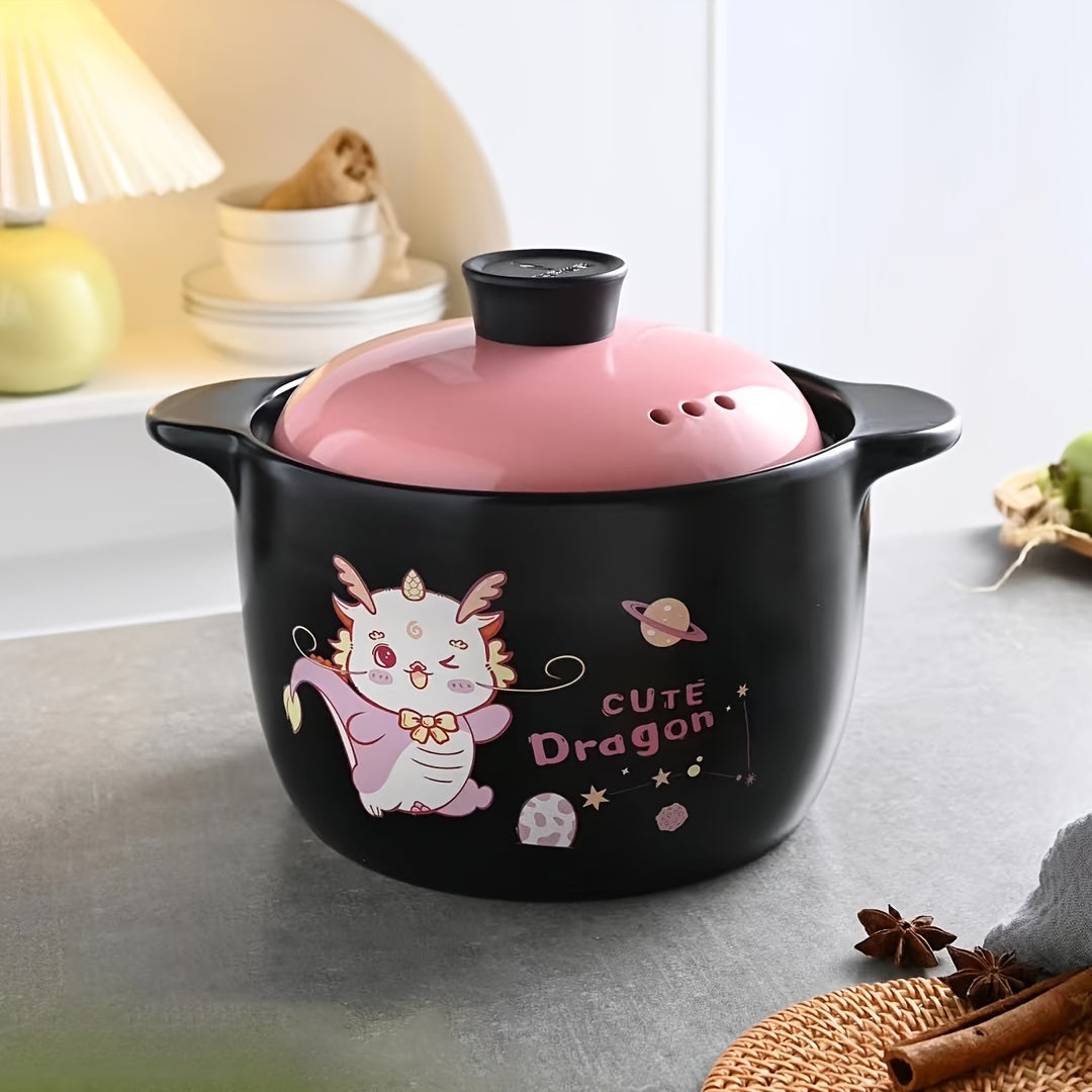 Cookware set including a ceramic soup pot, clay cooking pot, and casseroles with cartoon pattern stew pottery, ideal for making hot pot and soup dishes.