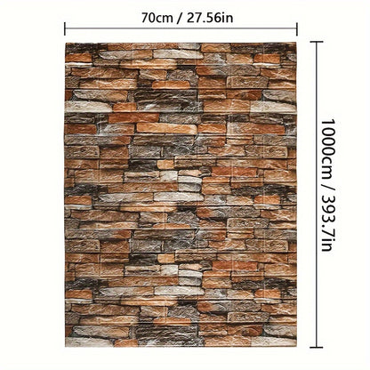 1 self-adhesive 3D foam wallpaper roll with retro brick pattern that is waterproof and oilproof, suitable for DIY furniture refurbishment in living rooms, kitchens, and bedrooms.