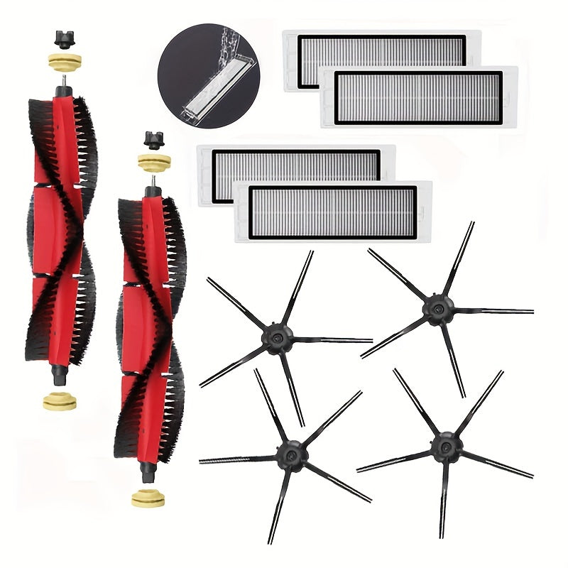 Spare parts set for Xiaomi Roborock robotic vacuums including S5, S5 Max, S6, S6 MaxV, S6 Pure, E4 and E5 models. Includes 10 pieces of main side brushes, hepa filters, and mop.