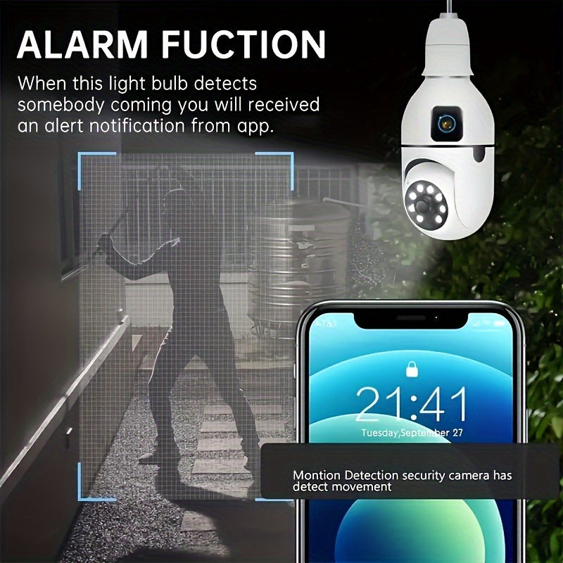 New: "Introducing the 1pc Panoramic Light Bulb Security Camera with Dual Camera technology. This E27 WiFi camera is perfect for home and outdoor surveillance, compatible with smartphones and featuring smart motion detection and two-way audio