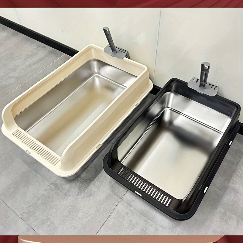 Large stainless steel litter box with splash guard cover for easy cleaning.