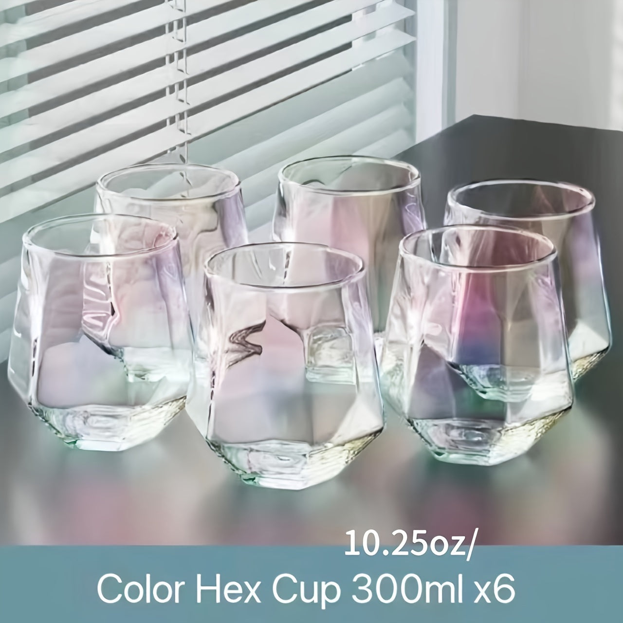 Set of 6 geometric glass cups suitable for water, whisky, juice, milk, tea and more. Perfect for all seasons.