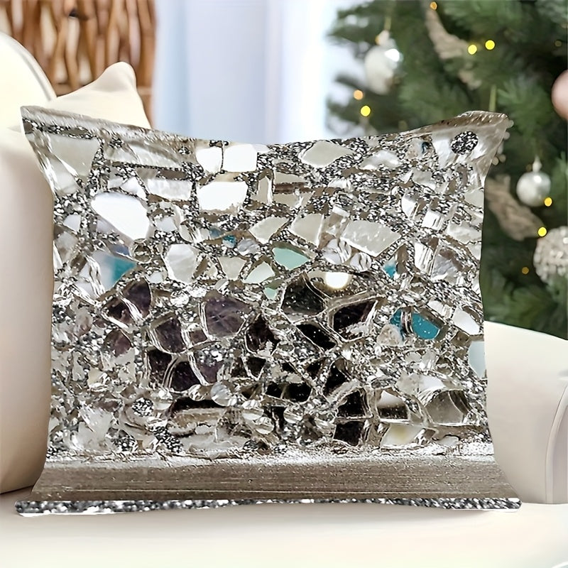 Single-sided shiny silvery sequin pillowcase with zipper closure. Made of peach skin material that is machine washable. Suitable for various rooms as a decorative cushion cover. Perfect for adding a modern touch to your home decor during Christmas.