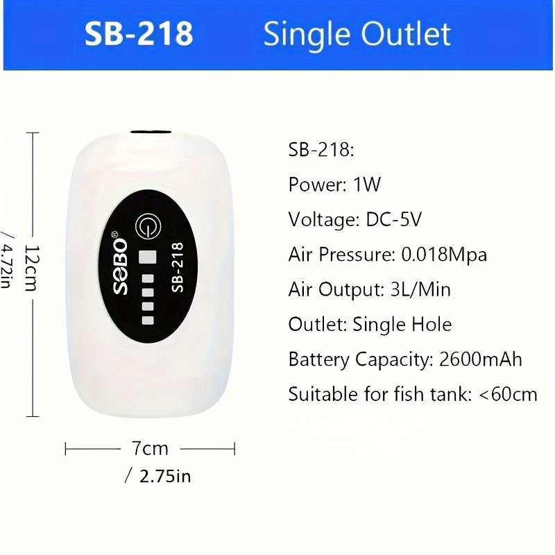 Portable, rechargeable fish tank air pump with USB charging, includes 1-2 meter tube and air tube aerolite.