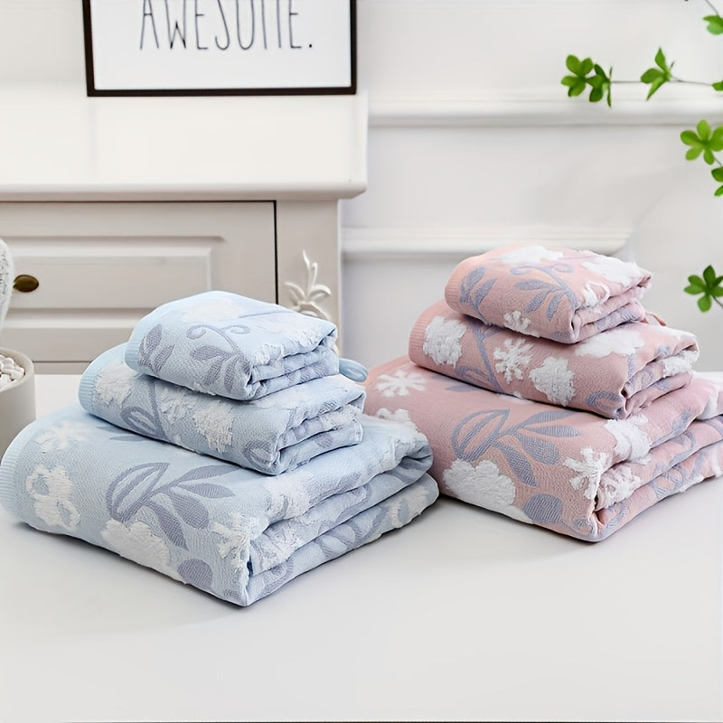 Floral embroidered cotton jacquard towel set includes 3 bath towels, hand towels, and fingertip towel. Soft, super absorbent, and modern design.