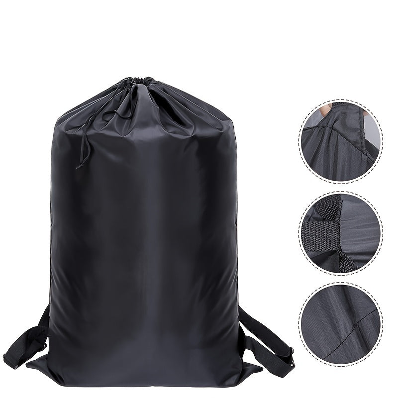 Large laundry backpack with drawstring, made for storing dirty clothes. Includes shoulder straps for easy portability. Ideal for dorms and homes, this durable wash bag saves space while traveling.