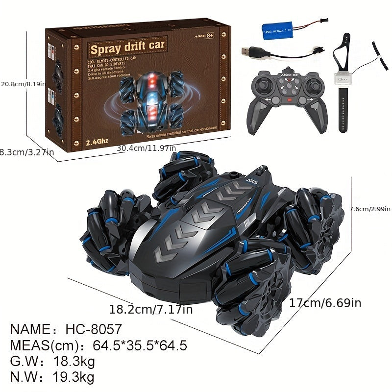 Double-sided remote control car with drift capabilities, lights, and music for stunt doubles.