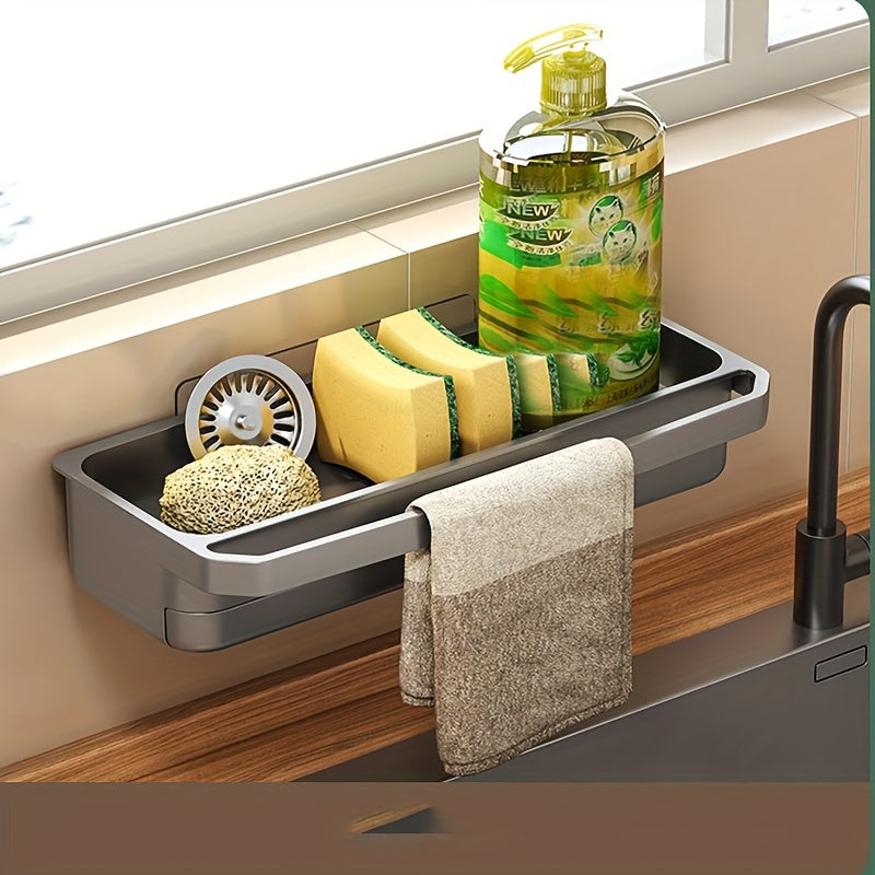 White Plastic Wall-Mounted Kitchen Sink Organizer with Towel Holder - Space-Saving Design for Sponges, Soap, and Cleaning Tools. Perfect for Home Kitchen Sink Accessories.