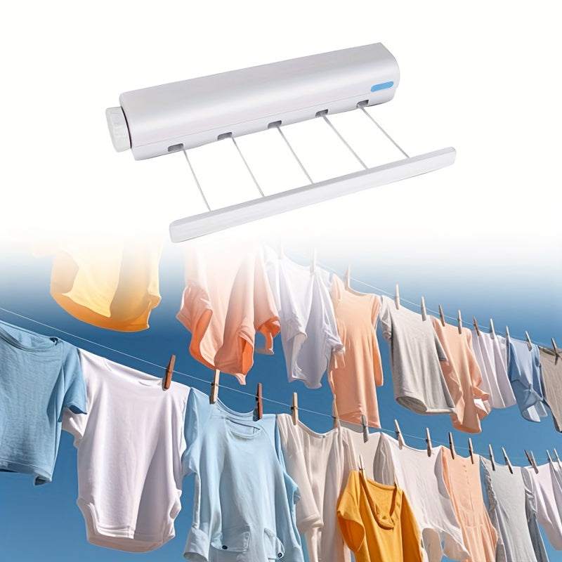 Save space with this Retractable Clothes Drying Rack, featuring 4/5 lines for hanging clothes. Made of durable plastic, this wall-mounted rack includes a towel bar and hooks for added convenience. Easy to use and portable, this Laundry Hanging Rod is