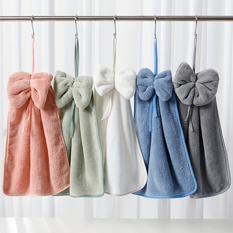 Bowknot Coral Velvet Fingertip Towel, Quick-drying, Absorbent, Cute hanging towel for bathroom.