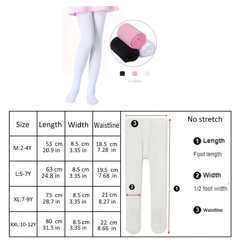 Girls' velvet solid color leggings tights in pink, black, and white. Ideal for ballet dance and casual wear. Stretchy and comfortable, made with a nylon spandex blend. Glossy finish for a