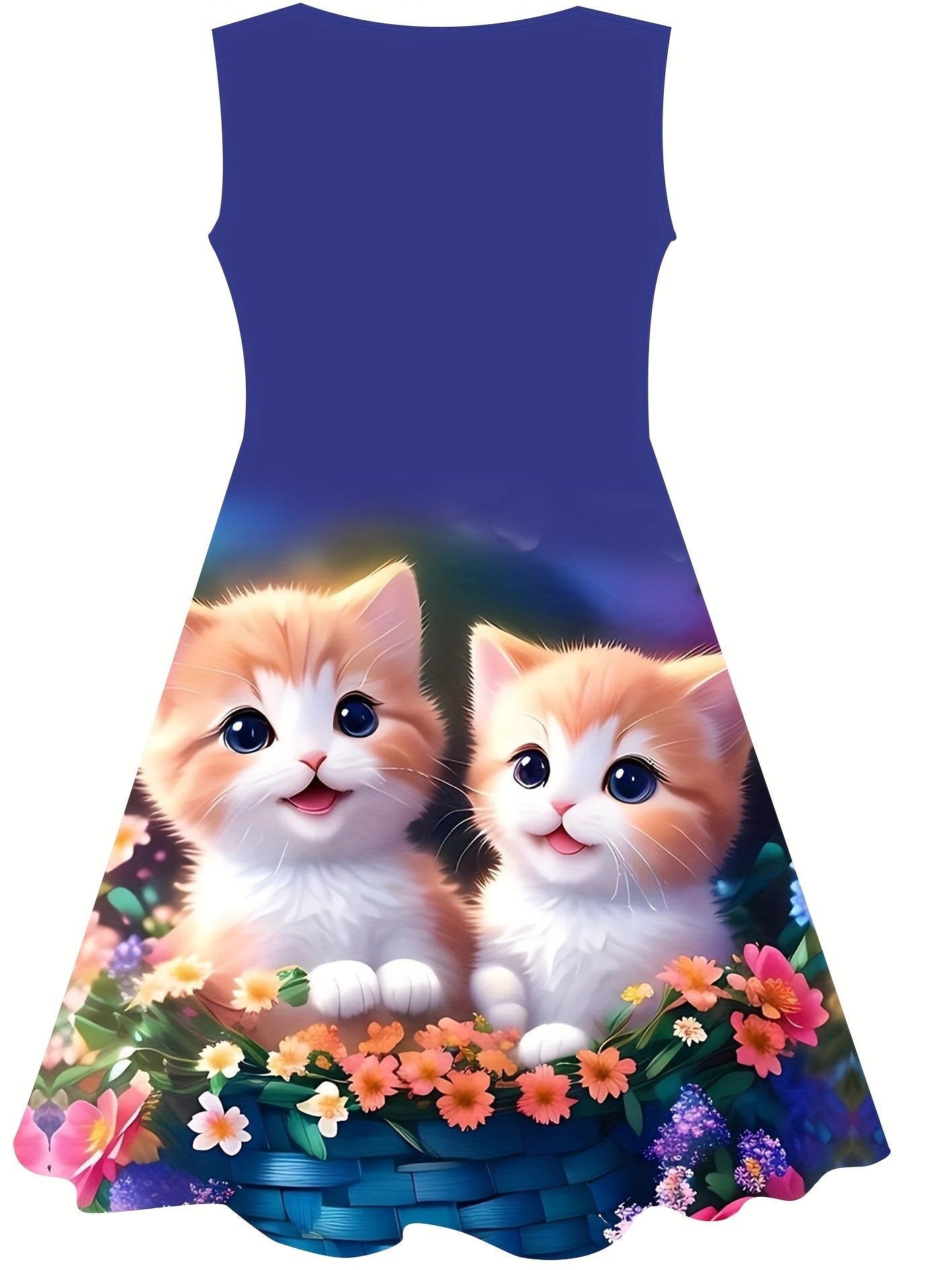 Sleeveless Cat Series Dress for charming girls - Vibrant digital print, 100% polyester, round neck. Ideal for spring/summer casual wear, playful youngsters' clothing. whimsical fashion