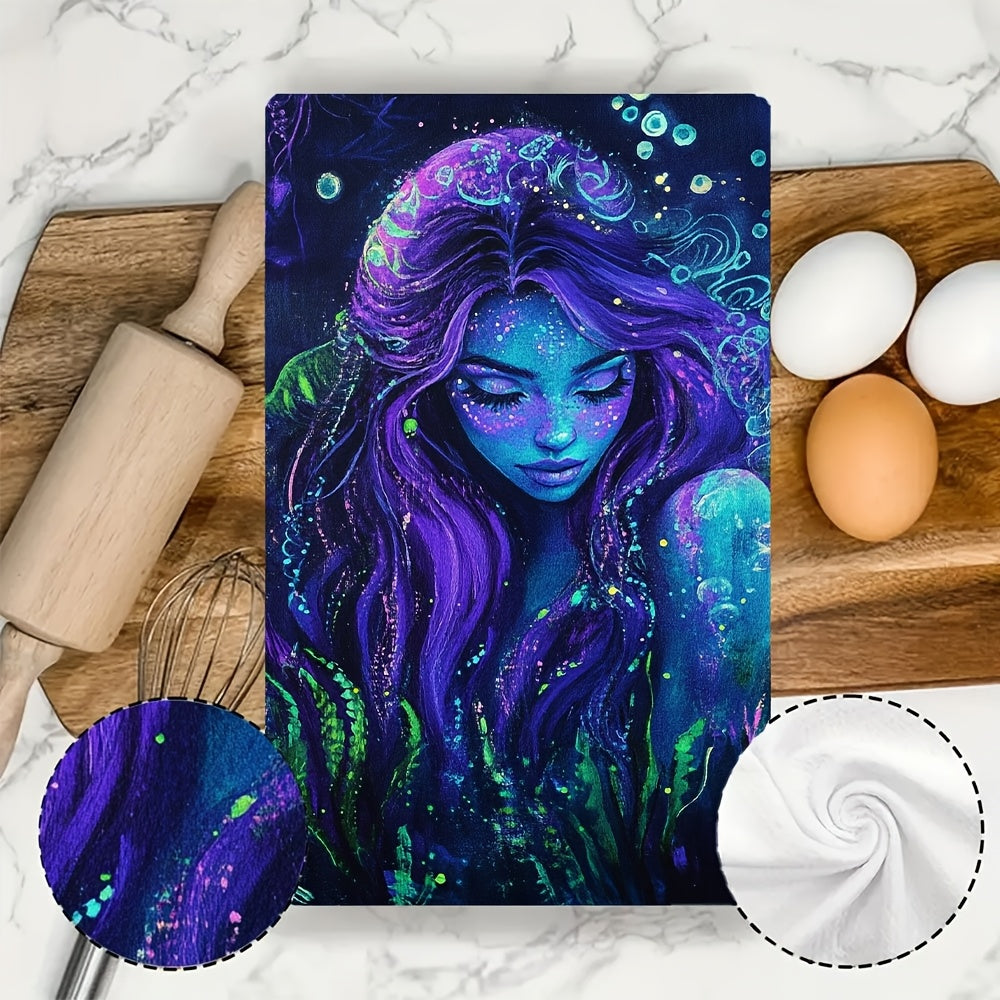 Set of 2 Ultra Soft Kitchen Towels featuring an Enchanting Siren Neon Blacklight Design. These towels are Highly Absorbent, Machine Washable, and measure 40.64x60.96 cm. Perfect for Coastal Decor and Holiday Celebrations. Great for use as Dish Hand