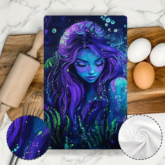 Set of 2 Ultra Soft Kitchen Towels featuring an Enchanting Siren Neon Blacklight Design. These towels are Highly Absorbent, Machine Washable, and measure 40.64x60.96 cm. Perfect for Coastal Decor and Holiday Celebrations. Great for use as Dish Hand