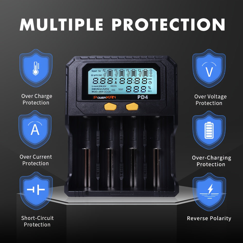 PowerKan 4-slot USB rechargeable battery charger with LCD screen and intelligent PD charging. Supports 18650, LiFePO4, Ni-MH, and Ni-CD batteries with operating voltage up to 36V. Features