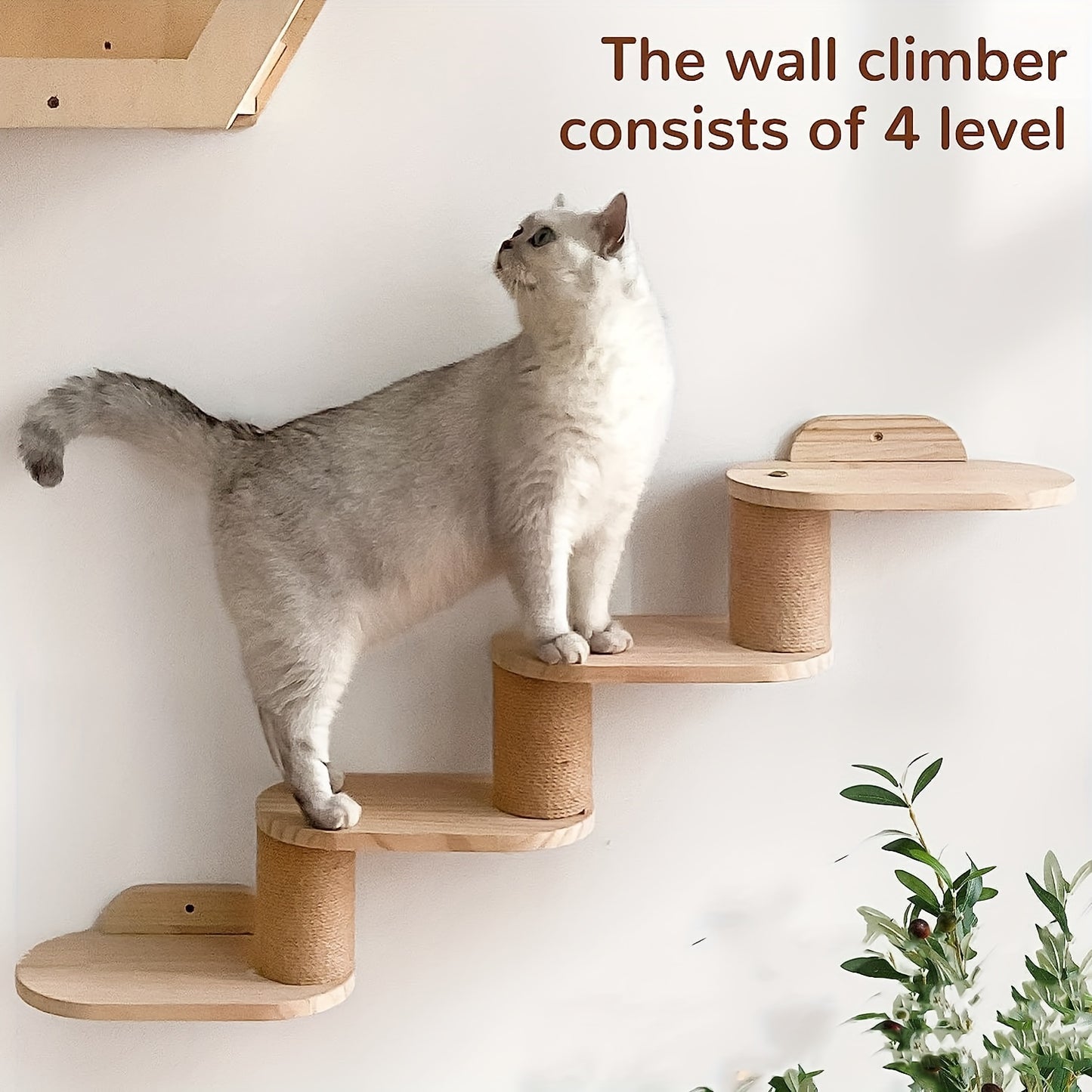 Rustic solid wood cat climbing shelves with sisal-covered posts for indoor cats.