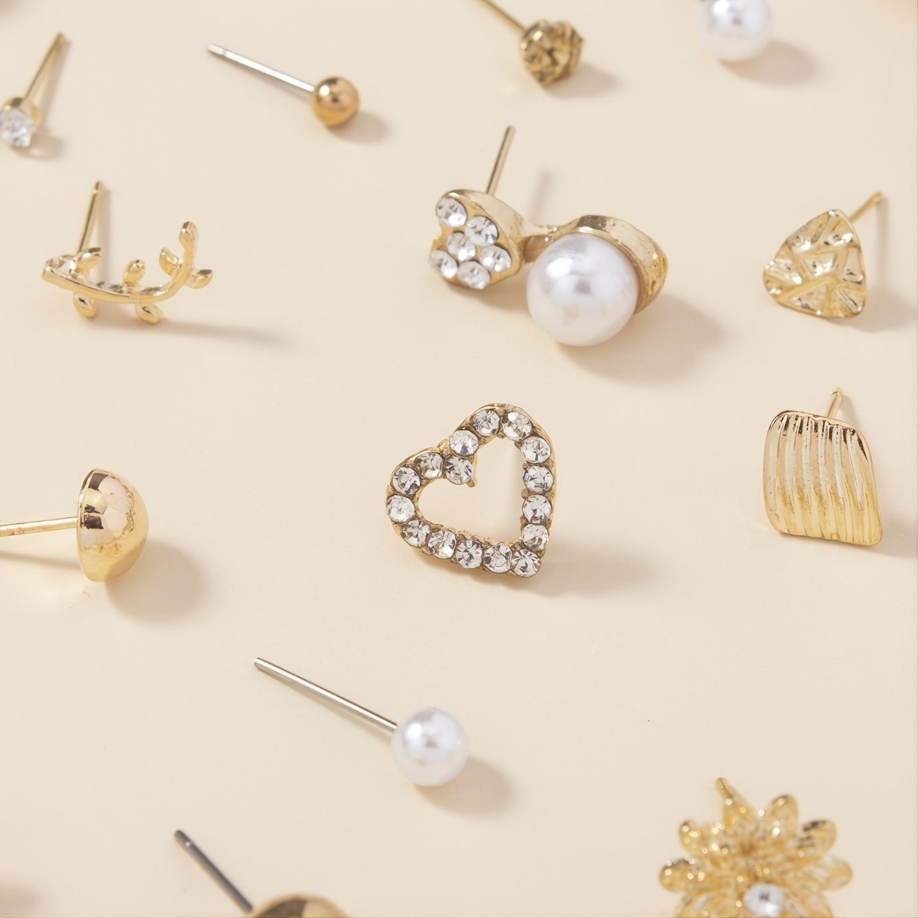 Set of 30 pairs of stud earrings, featuring a combination of alloy material, full rhinestones, faux pearls, and round love letters.