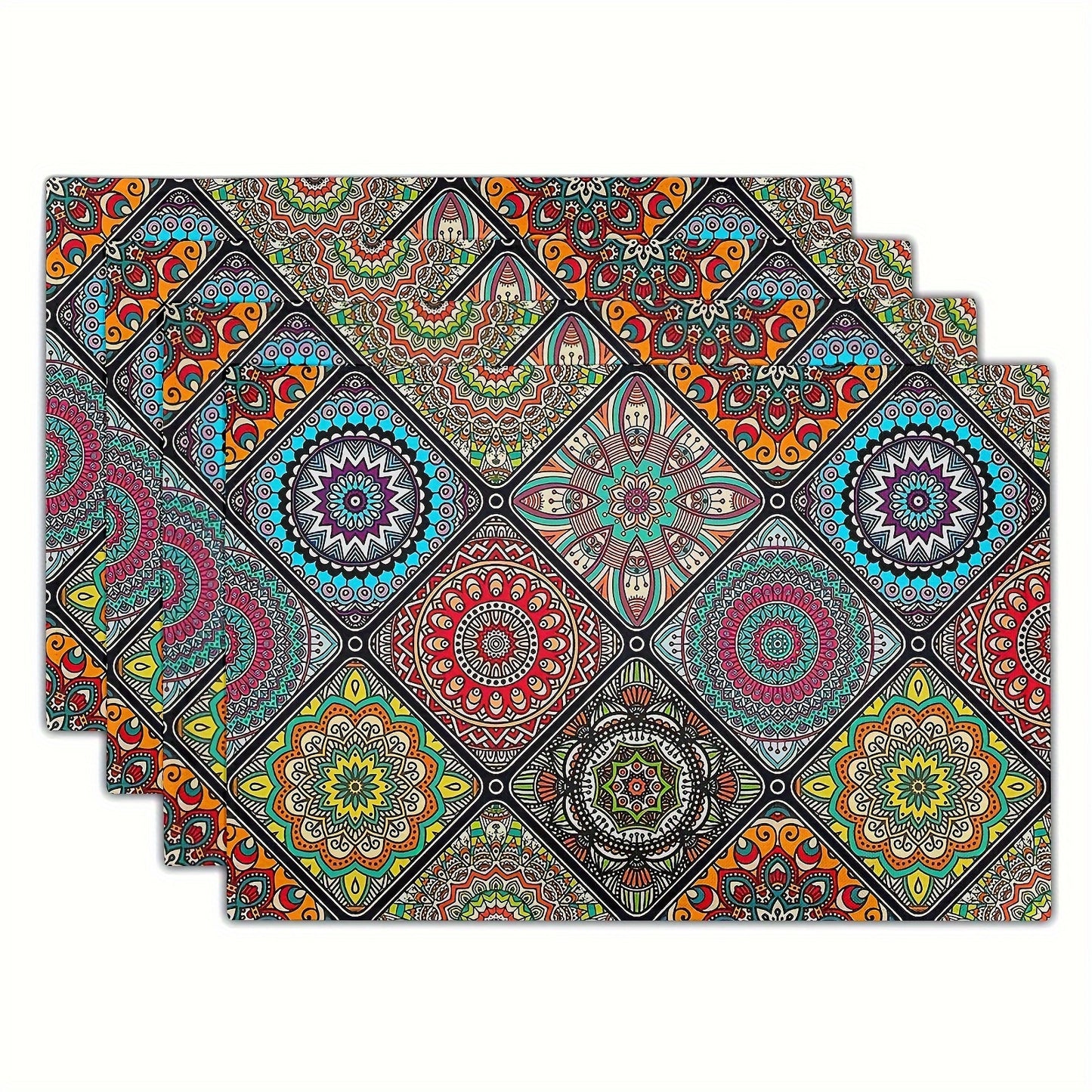 Set of 4 Boho Mandala Placemats featuring traditional Mexican ethnic patterns and geometric plaids, perfect for dining, kitchen, or parties. Washable and durable.