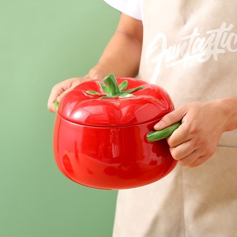 Large soup and salad bowl made of ceramic in the shape of a tomato, comes with a lid. Dishwasher safe and perfect for use in kitchens and restaurants. Makes for a unique gift idea.