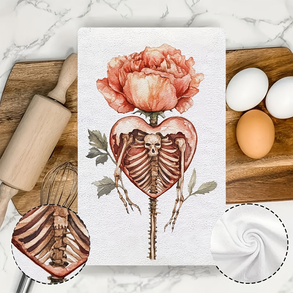 Set of 2 Ultra Soft Kitchen Towels featuring a Valentine's Day Skeleton Heart and Floral design. These towels are highly absorbent, machine washable, and measure 40.64x60.96 cm. They are perfect for holiday decor and Valentine's Day essentials, with a