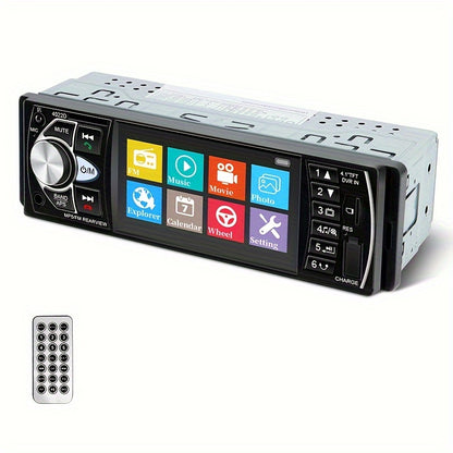 Portable car multimedia video player with car radio supporting 14 languages, USB/AUX/FM, remote control, and no battery.