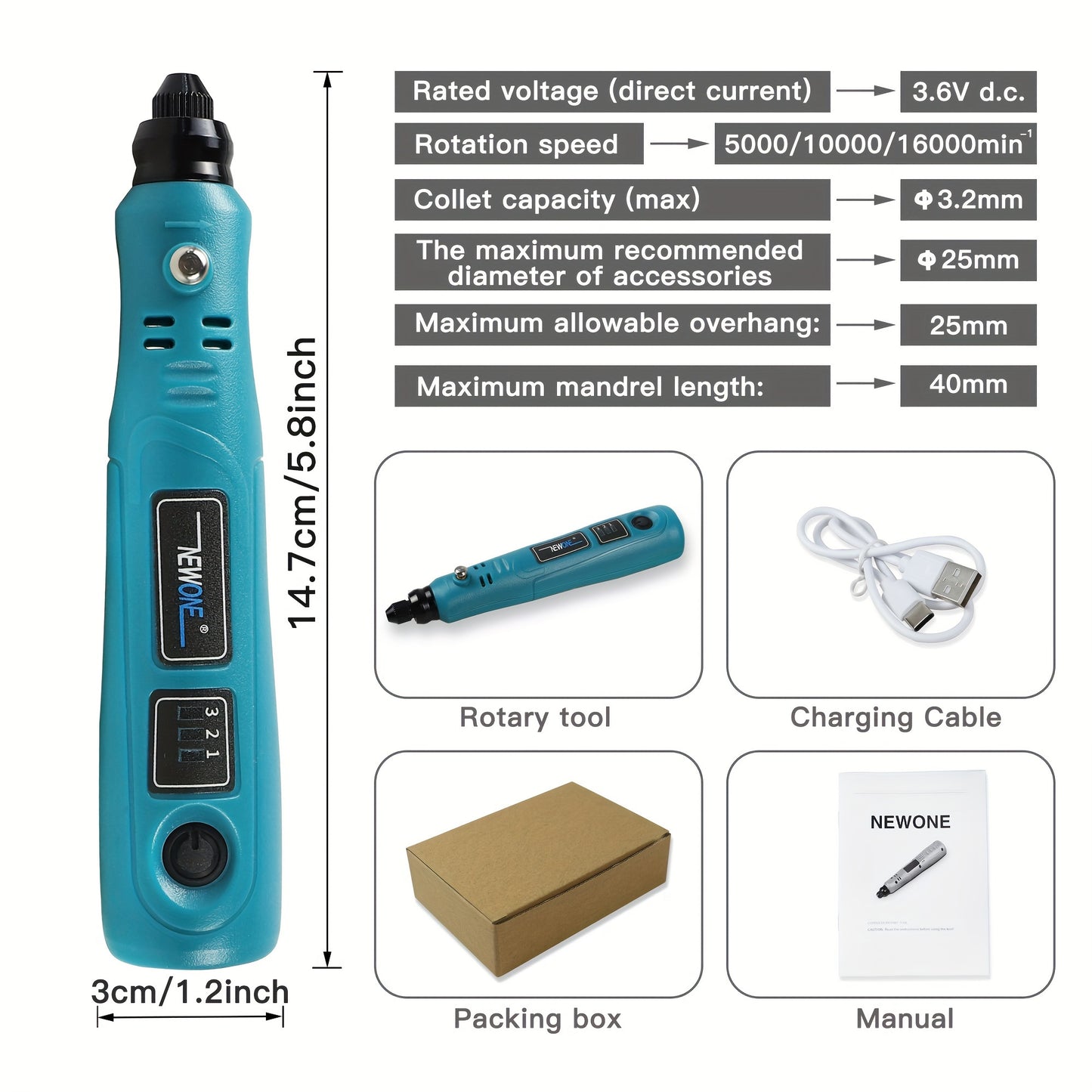 Compact cordless rotary tool with 3.6V and USB charging, includes 48 accessories for sanding, polishing, drilling, etching, engraving, and DIY crafts.