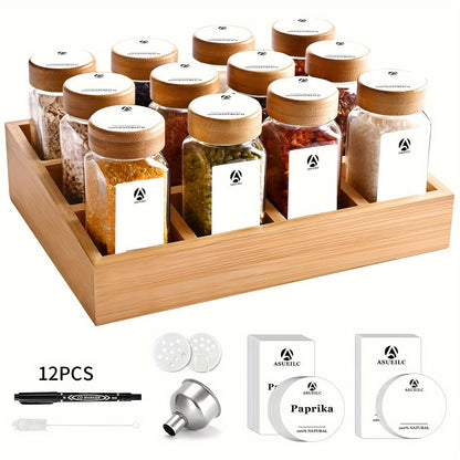 The spice rack includes either 12 or 24 jars with bamboo lids, as well as a bamboo drawer organizer complete with attached waterproof adhesive labels specifically designed for English herbs, spices, and condiments for convenient and easy access.