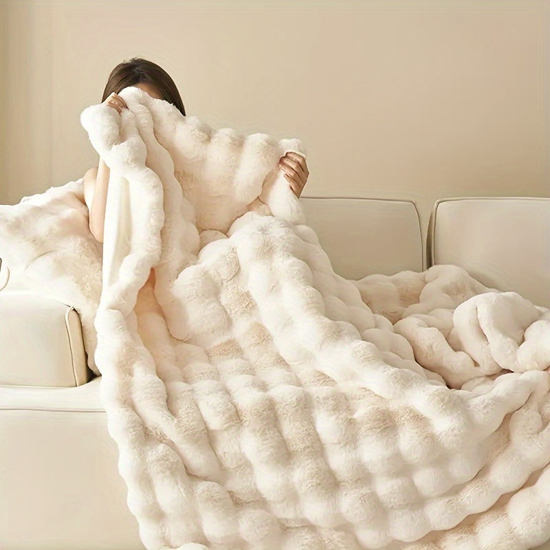 Get cozy with this versatile 1pc Double-sided Rabbit Fleece Blanket. Made with soft faux fur plush material, this solid color blanket is perfect for keeping warm on the couch, sofa, office, bed, camping, or travel. It also makes a great multi-purpose