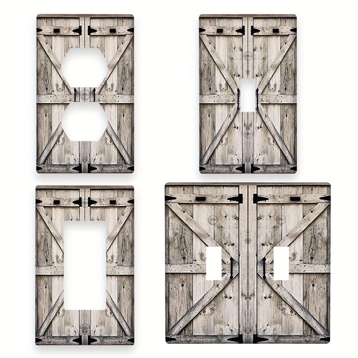 Rustic farmhouse barn door wood plank wall plate cover for home, kitchen, and bathroom - easily cleanable, no power required.