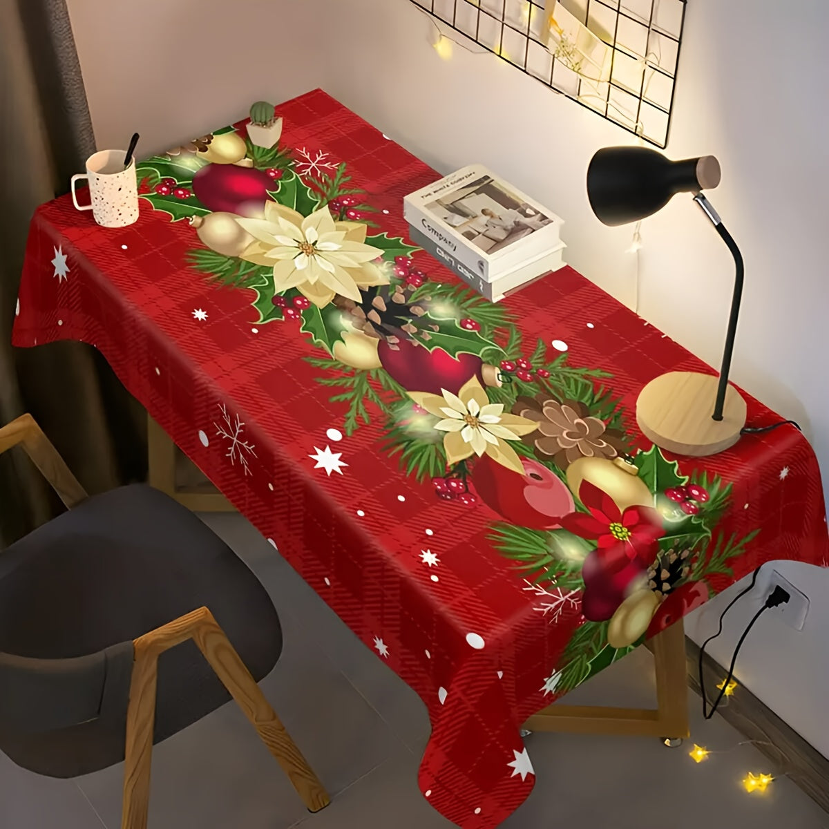 Stain-resistant party tablecloth with festive holiday design, machine washable and easy to clean.