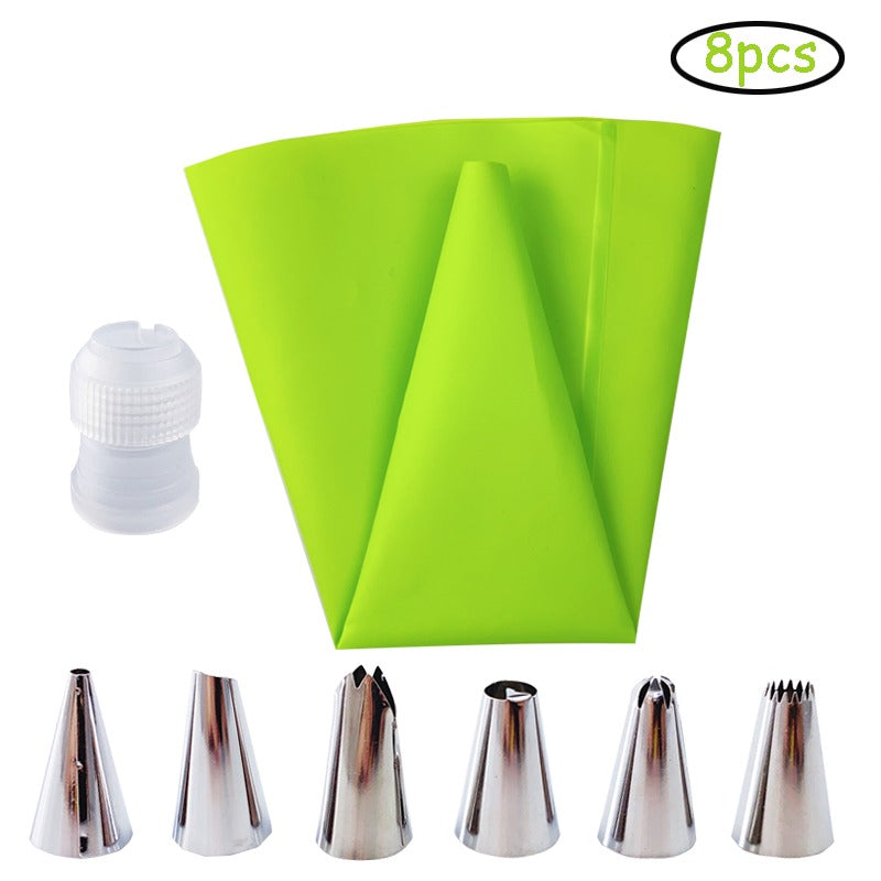 This set includes 8 pieces of Weluvfit Silicone Icing Piping Bags, featuring reusable pastry piping bags with 6 stainless steel nozzles. The DIY cake decorating supplies kit includes 6 nozzles, 1 pastry bag, and 1 white converter. It is easy to use and