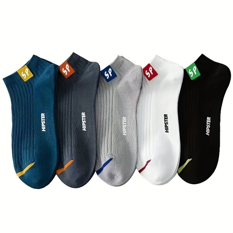 5 pairs of "SP" printed fashion sports socks, comfortable and low-cut for both men and women.