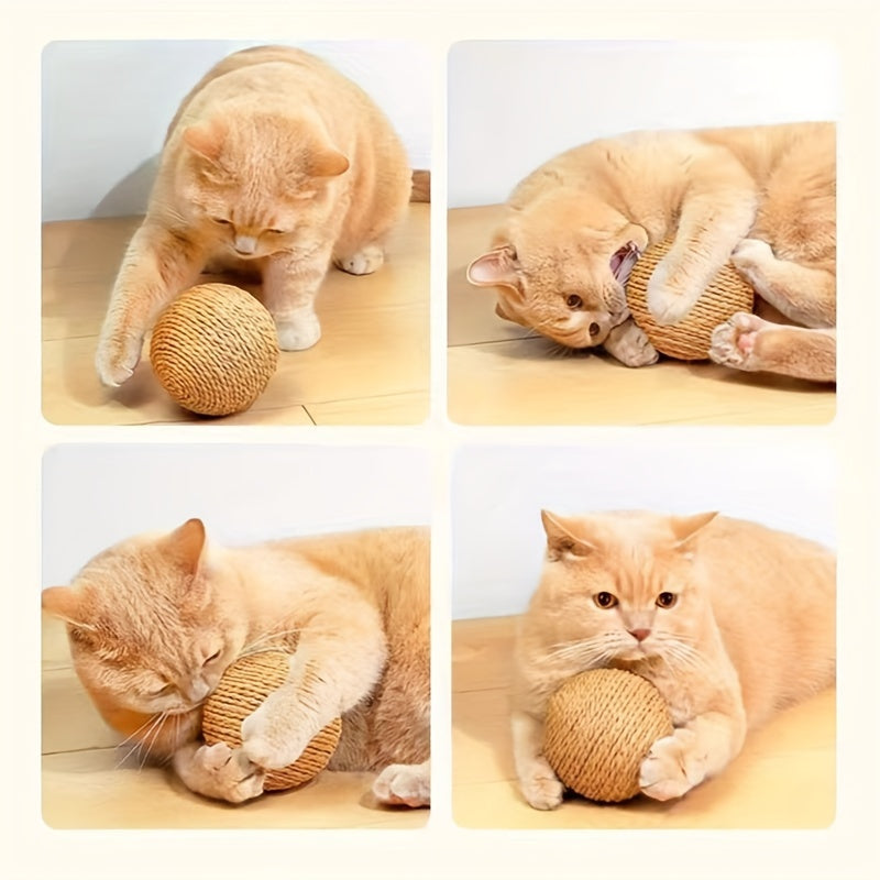 Interactive sound-making cat scratching ball toy made of cardboard material for cats to relieve play with their pet companion.