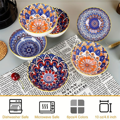 Handmade Bohemian ceramic bowl gift set featuring vibrant orange and blue mandala design. Ideal for serving cereal, ice cream, or pasta. Includes 2/4/6 bowls with elegant storage box. Perfect for holiday gatherings, Christmas, or Thanksgiving.