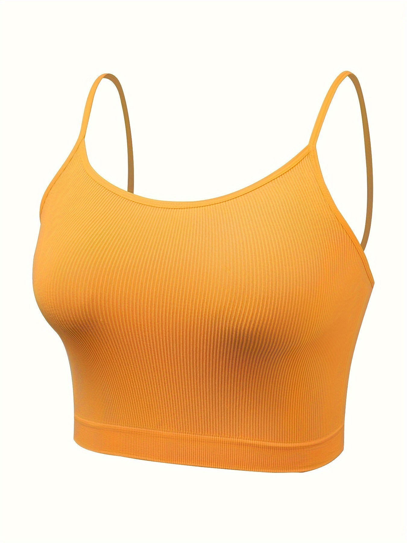 4 seamless camisole tank bras in vibrant and neutral colors made from a stretchy nylon blend are perfect for sports and leisure. They are machine washable and feature a no-pad design for