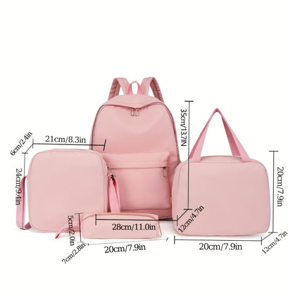 Set of 4 backpacks, cross body bag, handbag, and pen bag in classic solid colors. Suitable for both women and men for casual travel with large capacity. Ideal for schoolgirls and students