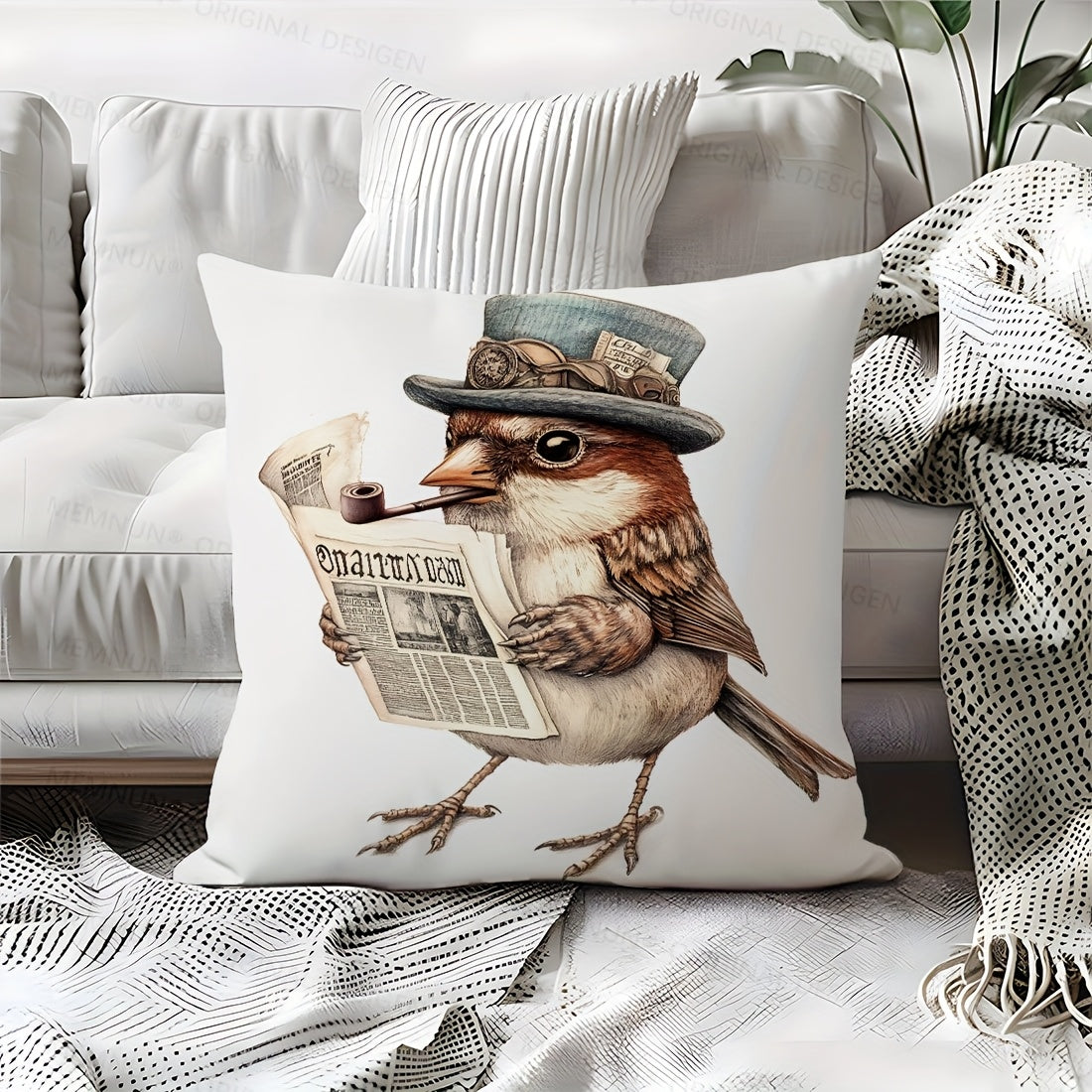 1pc of 44.96x44.96cm Single-Sided Printed Cushion Cover featuring Smoking Robin Retro Style. Made of polyester, zipper closure, machine washable. Ideal for living room, sofa, bedroom decor with contemporary flair.