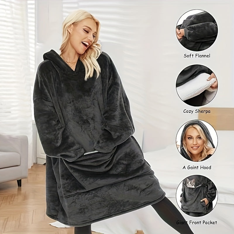 Stay warm and cozy with our Ultra-Soft Black Flannel Hooded Blanket featuring a large pocket. This reversible design is perfect for both indoor and outdoor use, making it ideal for activities such as watching TV, browsing phones, snuggling with pets, and