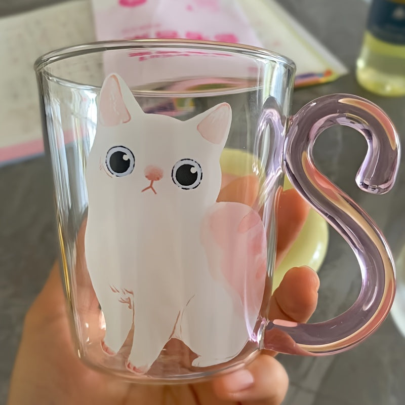 8.8oz Cute Cat Glass Mug made of high borosilicate glass, heat & cold resistant, reusable with animal print design for all beverages - handwash only.