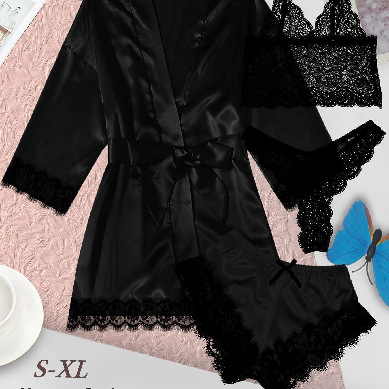 Women's loungewear set with lace detailing, robe, V neck cami, panties, and shorts.