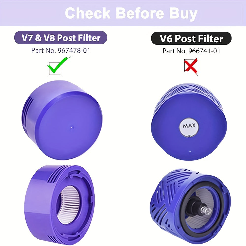 Get 8 replacement filters for Dyson V7, V8 Animal, and Absolute vacuums. These filters can be compared to parts 965661-01 and 967478-01 and include 4 pre-filters and 4 post-filters.