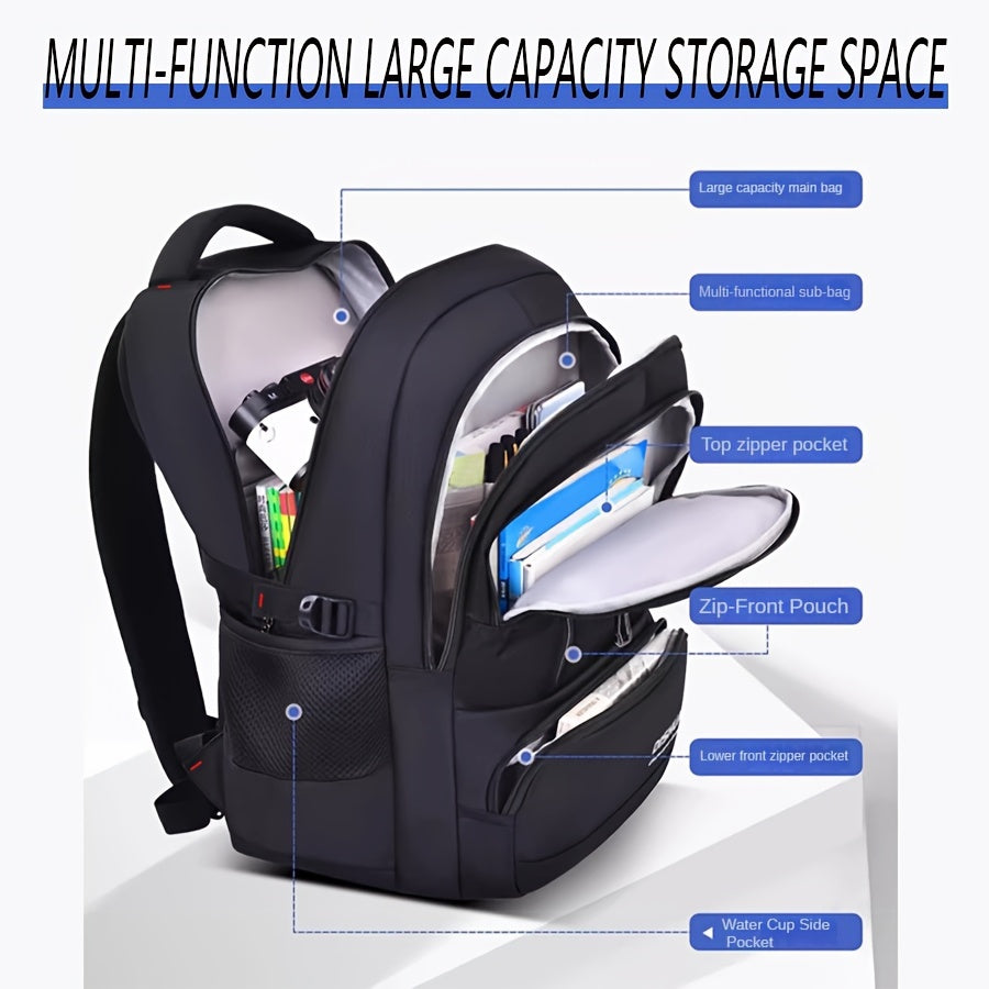 2024 Unisex Casual Backpack - Waterproof, Durable, Large Capacity, with Laptop Compartment, Keychain, Adjustable Straps, Zip Closure, and Black Color