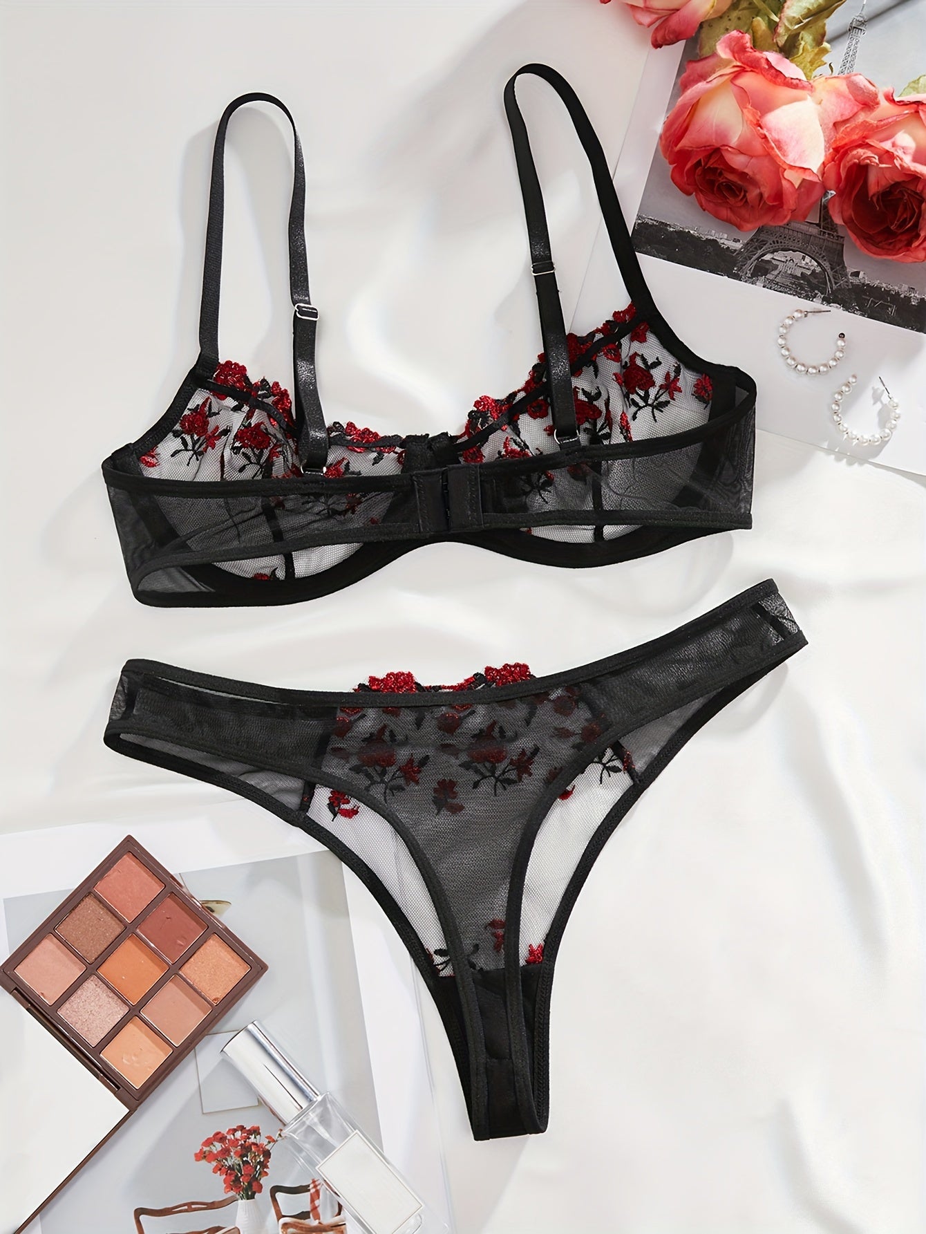 Flower lingerie set with semi-sheer mesh bra and matching cheeky panty for women's sexy underwear.