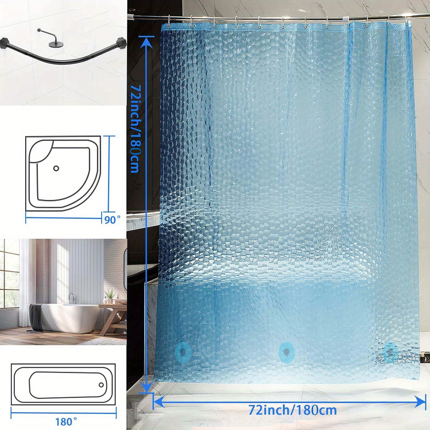 Waterproof 3D Pebble Pattern Shower Liner in Blue - 72x72 Inch for Bathroom Decoration