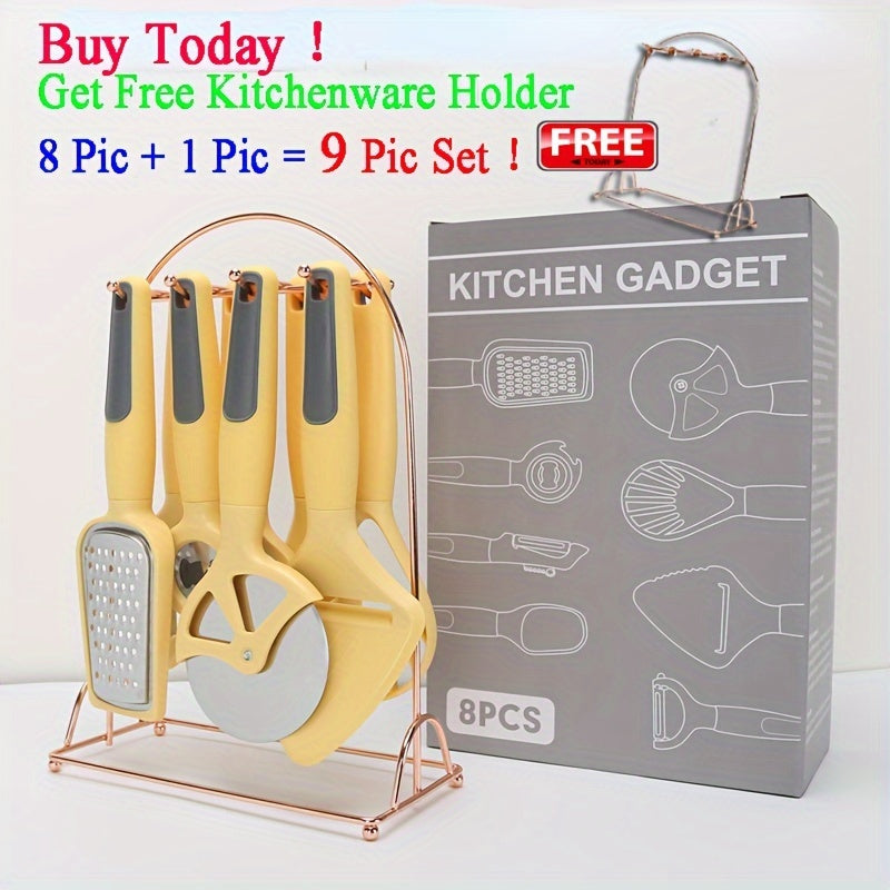 Elegant Kitchen Utensil Set with Holder - 8 Pieces Including Peeler, Pizza Cutter, Grater, Ice & Cheese Spatula, Fruit Scoop, and Citrus Juicer - Made with Durable ABS, Easy to Clean, Ideal for Home Cooking, Weddings, and Gifts